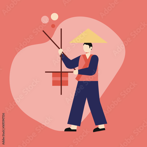 Traditional Asian street vendor in a conical hat, carrying goods. Represents culture, travel, and local commerce.