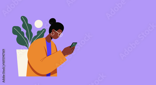 A modern woman, wearing glasses, is focused on her smartphone. This image represents digital communication, social media, and online connection in everyday life.