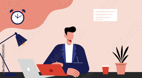 Professional man working on his laptop in a contemporary office setting, illustrating remote work, business productivity, and digital success.