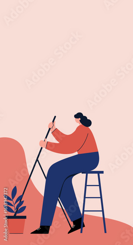 Minimalist illustration of a woman tending to a potted plant, sitting on a stool. Represents hobbies, indoor gardening, care, and peaceful lifestyle.