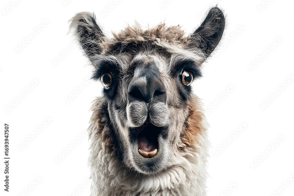 Fototapeta premium Surprised alpaca with funny face expression isolated on transparent background