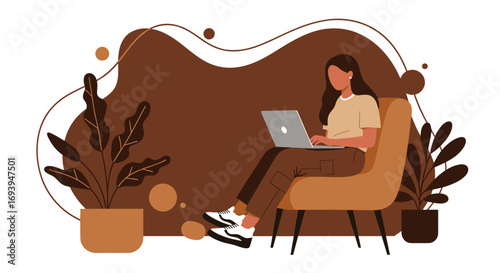 A modern woman comfortably works or studies on her laptop from home or a casual workspace, showcasing remote productivity and digital lifestyle.