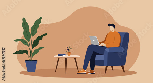 Man working on a laptop from a comfortable armchair at home, illustrating remote work, productivity, and a modern lifestyle. Ideal for business, freelance, or online education concepts.