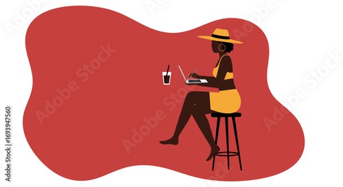 Woman in a hat and summer attire works remotely on her laptop while enjoying a drink, embodying modern productivity and a flexible lifestyle.