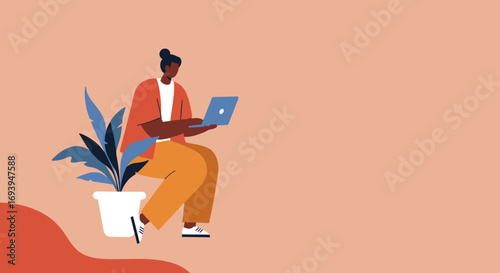 Relaxed person working on a laptop, embodying remote work, freelance, and online learning concepts in a modern lifestyle setting with a potted plant.