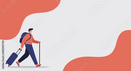 Illustration of a person embarking on a journey, pulling luggage and carrying a backpack. Represents travel, adventure, and exploration. Ideal for tourism and lifestyle concepts.