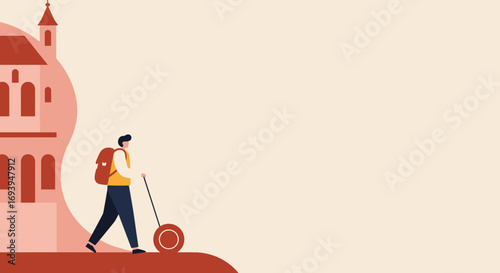 Minimalist vector illustration of a male traveler with a backpack and luggage, exploring a city with historic architecture. Ideal for travel, tourism, and adventure concepts.