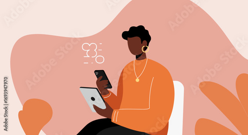 Modern person engaging with multiple digital devices simultaneously, illustrating connectivity and multitasking in a digital world.