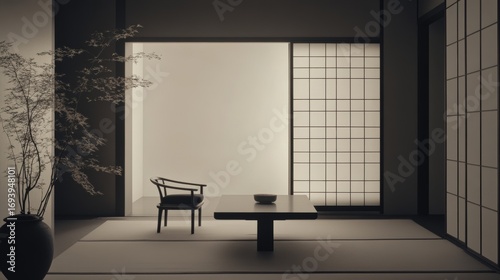 Minimalist Japanese Interior with Tatami Mat and Shoji Screens
