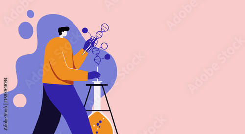 Illustration of a scientist working in a laboratory, manipulating DNA structures with a dropper and flask. Represents genetic research, biotechnology, and scientific discovery.