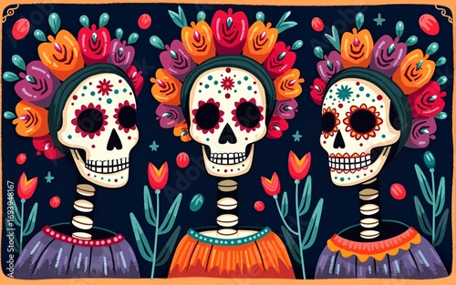 dia de los muertos card with catrinas and skulls heads. High quality