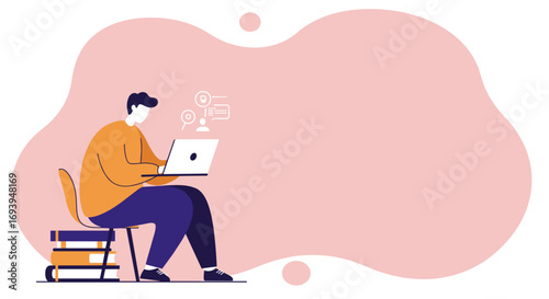 Man working remotely on laptop at home, focused on online tasks and learning, representing remote work, education, and digital lifestyle.