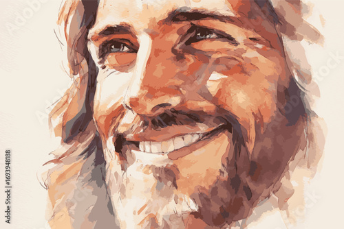 Watercolor style close-up vector illustration of Jesus smiling face, symbol of love, peace, and Christian faith