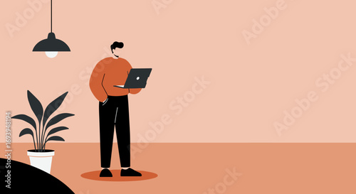 Minimalist illustration of a man using a laptop in a modern, casual setting, ideal for remote work, business, and lifestyle concepts.