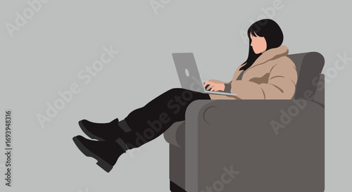 A woman comfortably works on her laptop in an armchair, embodying remote work, digital nomad lifestyle, and cozy productivity. Ideal for business, technology, and modern living.