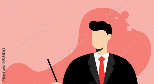 Illustration of a speaker or executive holding a pointer, representing guidance, marketing, or business strategy with a clean, modern design.