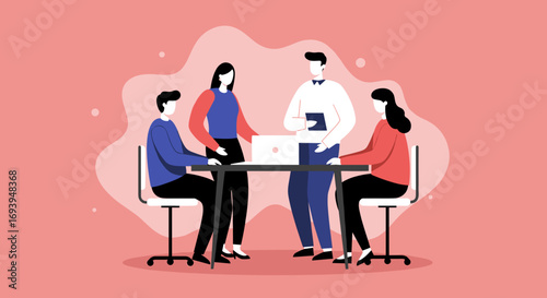 Diverse business team collaborating in a modern office meeting, discussing strategies and ideas with a laptop. Perfect for corporate, startup, or educational use.