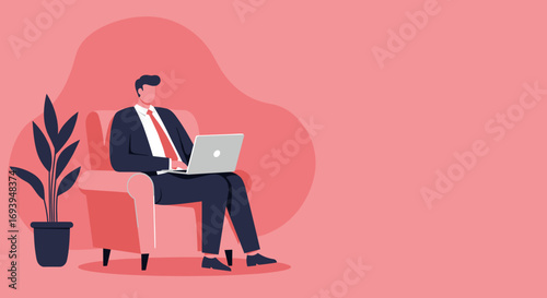 Professional businessman working remotely on his laptop in a comfortable armchair, embodying productivity and modern flexible work lifestyle.