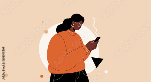 Woman engrossed in her smartphone, connecting, communicating, or browsing. Represents modern digital lifestyle, technology use, and online interaction.