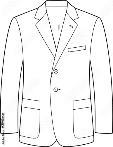 Fashion flat sketch of a men's two-button suit jacket with notched lapels and flap pockets drawing illustration
