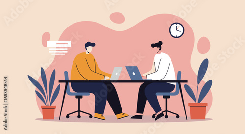 Two men collaborate on laptops in a modern office, symbolizing teamwork, remote work, and digital productivity for business and lifestyle.