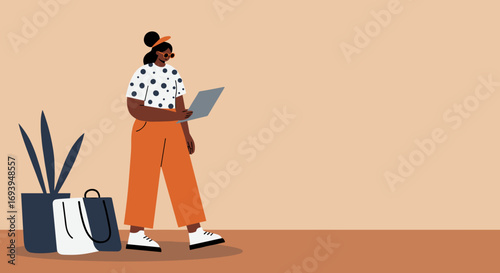 Modern young woman uses a laptop for remote work or online learning, embodying a flexible and productive lifestyle. Ideal for business, technology, or lifestyle concepts.