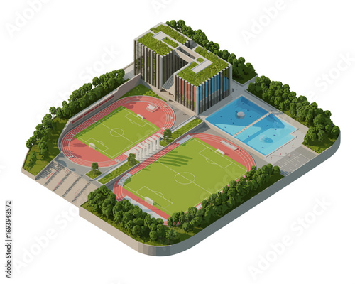 Aerial view of sports complex with running tracks soccer field swimming pool and building covered in greenery in isometric style