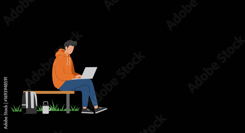 Young man in a hoodie sits on a park bench, working on a laptop. Perfect for concepts of remote work, study, or a digital lifestyle outdoors.