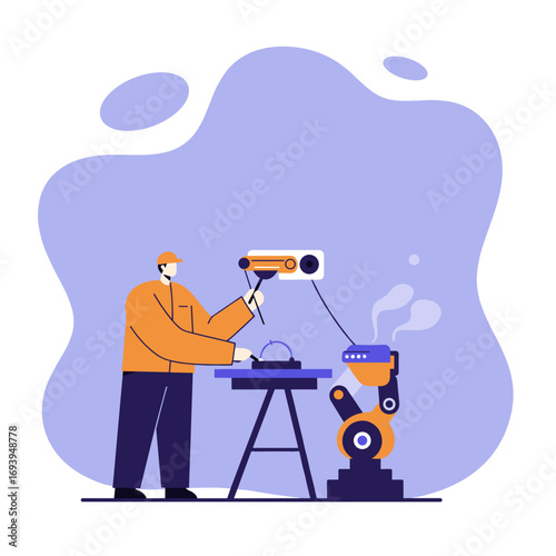 Engineer overseeing modern industrial automation with a robotic arm and advanced manufacturing equipment. Depicts innovation, technology, and future factory concepts for business.