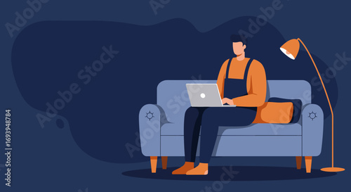 Man working on laptop from the comfort of his home couch, representing remote work, online learning, or freelance lifestyle.