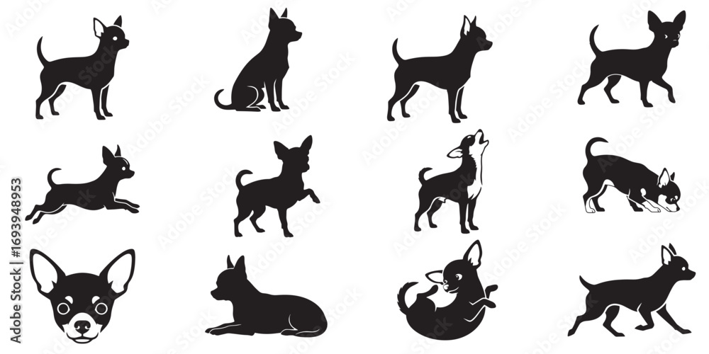 Obraz premium Chihuahua Dog Silhouette Vector – Small Dog Breed Standing, Sitting, Running, Walking,Jumping,Lying Down, Howling, Head Only and more poses