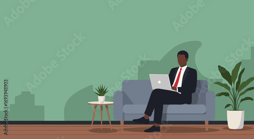 Professional Black businessman working remotely on a laptop from a comfortable modern office or home setting, embodying productivity and technology.