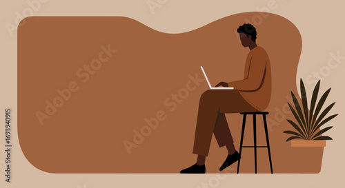 African American man working on a laptop at home, embodying remote work, online education, or digital nomad lifestyle in a modern, minimalist setting. Copy space.