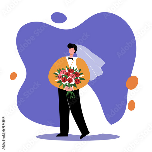 Illustration of a stylish groom holding a vibrant rose bouquet, celebrating love and commitment at a modern wedding. Ideal for romance and partnership concepts.