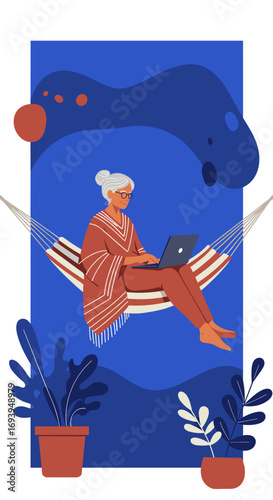 Senior woman happily working remotely on her laptop while relaxing in a comfortable hammock, embracing a flexible, modern lifestyle. Ideal for technology, retirement, or travel concepts.