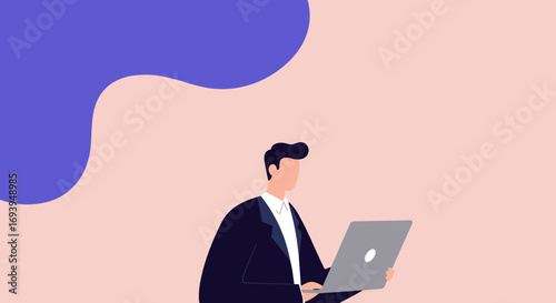 Professional man in a suit working on a laptop, symbolizing remote work, digital communication, and business technology in a modern, clean design.