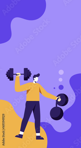 A man in a vibrant, modern illustration lifts weights, embodying strength and fitness. Perfect for health, wellness, and active lifestyle concepts.