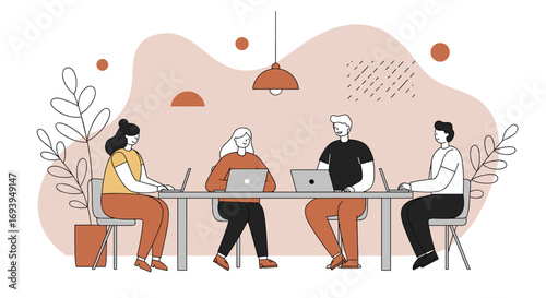 Diverse team collaborating on laptops in a modern office. Ideal for business, technology, and teamwork concepts, showing productivity and connection.