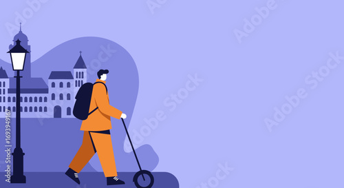 Stylish traveler with a backpack and scooter explores a charming European city street. Perfect for urban mobility, tourism, and modern lifestyle concepts.