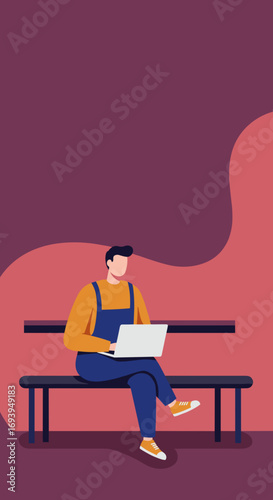 Focused man in casual attire sits on a bench, working on his laptop. Depicts remote work, freelancing, and digital lifestyle connectivity.