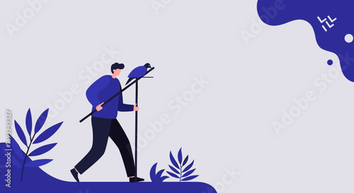 Man walking confidently with a bird perched on a staff, symbolizing guidance, partnership, and a journey of discovery. Ideal for business, travel, or educational concepts.