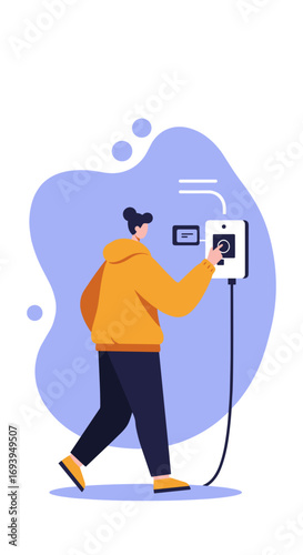 Person operating a modern electric charging station, symbolizing sustainable energy, smart technology, and eco-friendly urban lifestyle. Concepts of innovation and green power.
