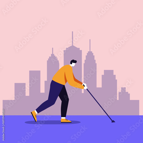 Illustration of a visually impaired man walking independently with a white cane in a city setting, representing accessibility and urban life challenges.