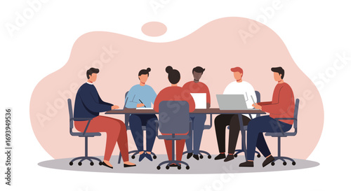 Diverse team collaborating in a professional office meeting. Discussing strategy, ideas, and planning for business growth and productivity. Modern corporate environment.