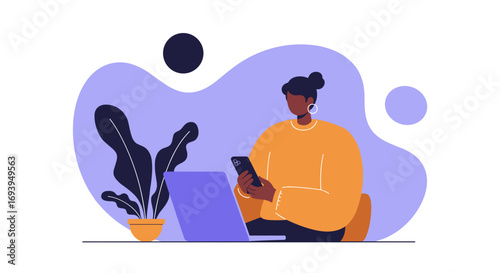 Person multitasking with laptop and smartphone in a modern setting. Ideal for remote work, online learning, digital lifestyle, and connectivity.