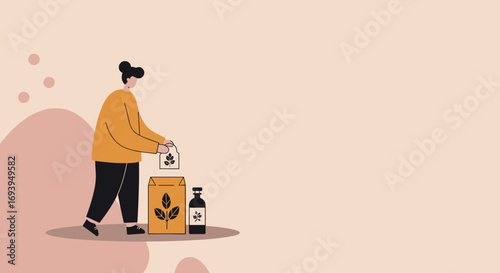 Person handling seed packets and plant care products for gardening. Represents sustainable living, eco-friendly practices, and home cultivation. Great for lifestyle, hobby, and green initiatives.
