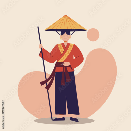 Stylized illustration of a person in traditional Asian attire, wearing a conical hat and holding a staff, symbolizing culture, travel, and historical journeys.