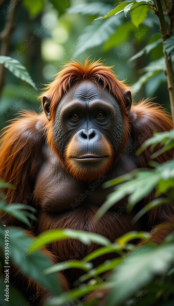 Fototapeta premium A solitary orangutan rests in the dense jungle, blending into the vibrant green surroundings