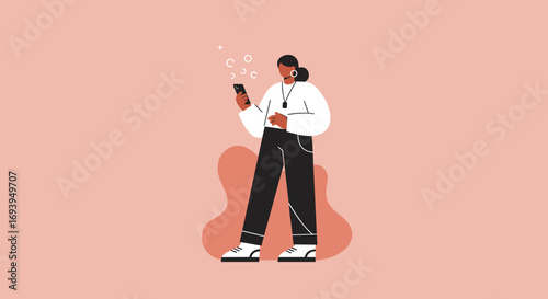 Confident woman using a smartphone with a headset, symbolizing modern communication, virtual assistance, or social networking. Perfect for technology and lifestyle content.