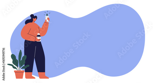 Woman holding natural beauty and wellness products, one glowing, symbolizing self-care, organic skincare, and healthy lifestyle choices. Ample copy space for promotions.